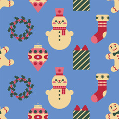Seamless Festive Pattern with Snowmen, Present, Red Christmas Stocking, Gingerbread Man Cookie and Wreath with Berry. Christmas Blue Background. Flat Vector illustration.