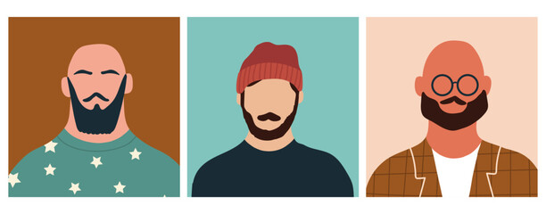 Abstract man portraits set. Faceless male character. Person poster, head avatar, hand drawn vector illustration.