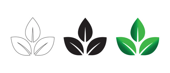 Leaf Icon Set. Outline, Solid, and Gradient Variations for Eco, Nature, and Sustainable Design Projects.