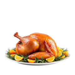 Whole roasted turkey with rosemary and orange slices on white platter festive holiday meal concept