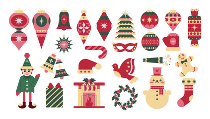 Geometric Christmas Elements Set with Christmas Tree Decorations, Fireplace, Snowman, Mask, Candy, Gingerbread Man and Elf Character. Modern Vector Flat Illustration.