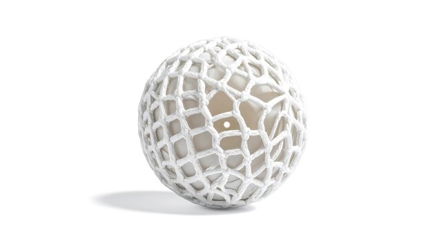A detailed view of a white ball encased in a delicate white net, casting a subtle shadow on a pure white background