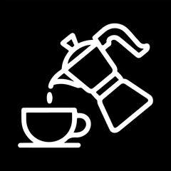 Coffee Pouring Icon White Outline on Black Background for Coffee Shops and Cafes