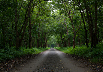 A long, empty dirt road winds through a dense, green forest with trees arching over the path.
