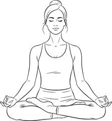 Woman practicing yoga meditation in lotus pose, peaceful mindfulness exercise, relaxation and balance, healthy lifestyle and mental wellness concept illustration.