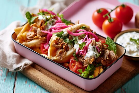 Macro view photography of a tempting doner kebab in a bento box isolated in pastel painted wood background