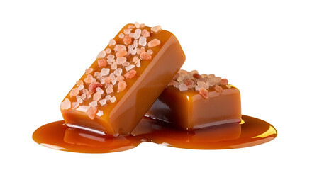 Gourmet salted caramel toffee fudge pieces melting for dessert and confectionery advertising isolated PNG with Transparent Background