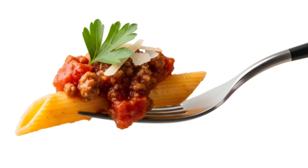 Single bite of Italian penne pasta with rich meat ragu sauce on a silver fork isolated PNG with Transparent Background