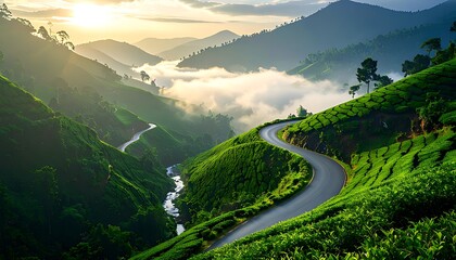 Fototapeta premium Scenic Mountain Road with Lush Greenery and Morning Mist.