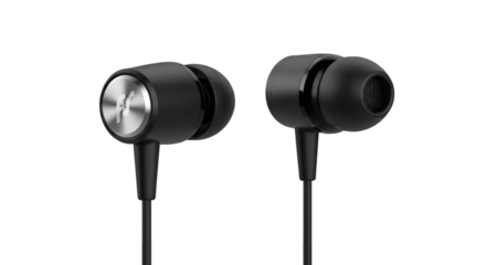 Sleek Black Earbuds with Silver Logo on Black Background