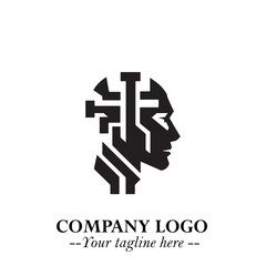 Obraz premium Head of Robot Logo Symbol in Black on the White Background Futuristic Minimalist Illustration