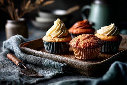 Natural light close-up photography of a tasty cupcakes in a clay dish in front ofn aged metal background