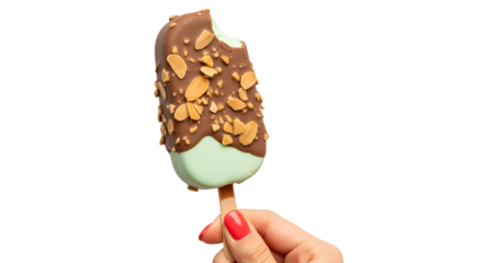Delicious chocolate covered ice cream bar with nuts being held on a stick isolated PNG with Transparent Background
