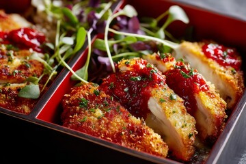 Highly detailed close-up photography of a refined  chicken parmesan in a bento box while standing against painted acrylic background