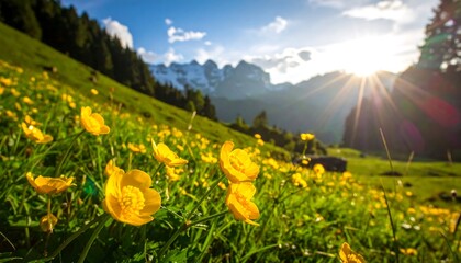 A sunlit meadow bursts with wildflowers against a backdrop of snow-capped mountains and a sun-drenched sky. Green grass covers the slopes