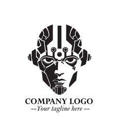 Head of Robot Logo Symbol in Black on the White Background Futuristic Minimalist Illustration
