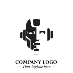 Head of Robot Logo Symbol in Black on the White Background Futuristic Minimalist Illustration