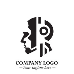 Head of Robot Logo Symbol in Black on the White Background Futuristic Minimalist Illustration