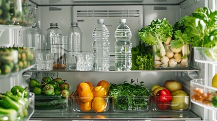Interior of a well organized refrigerator stocked with fresh produce including bananas, citrus fruits, cucumbers, tomatoes, and bottled beverages. A healthy, colorful display promoting clean eating.