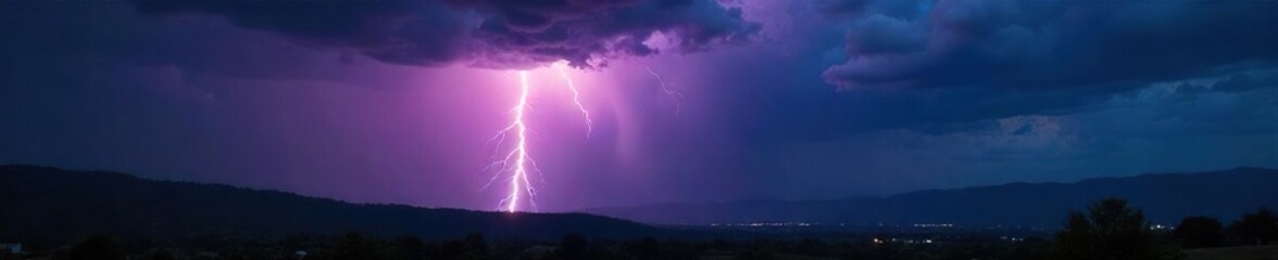 Dramatic Lightning Strike over Stormy Landscape Vibrant Flash Illuminates Dark Sky and Distant Hills ? Powerful Nature Photography