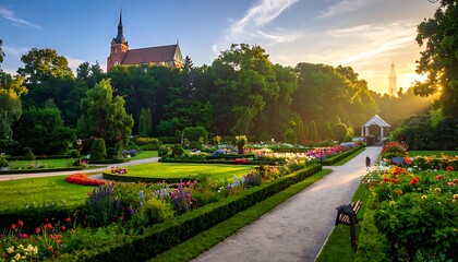 Fototapeta premium Scenic Park View with Church Tower at Sunset in Oliwa, Gdansk.