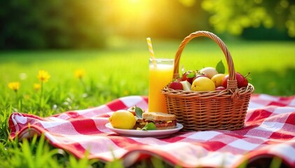 Sun-Drenched Picnic Checkered Blanket, Wicker Basket Overflowing with Summer Fruits, Sandwiches, and Lemonade ? Perfect for a Relaxing Summer Day