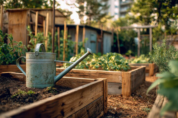 Fototapeta premium Watering can sitting on raised garden bed in community garden