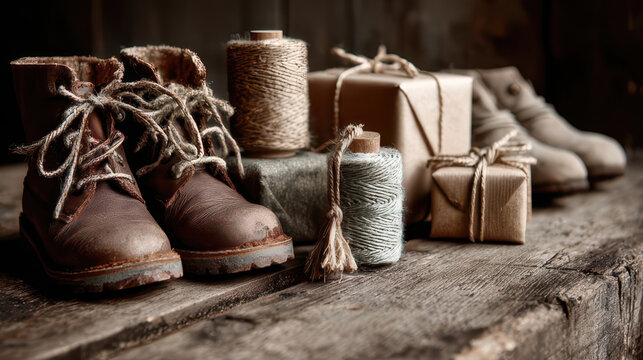 Rustic Boots and Twine on Wooden Table