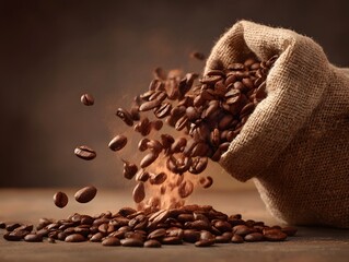 Roasted coffee beans spill dynamically from a rustic burlap sack onto a textured surface