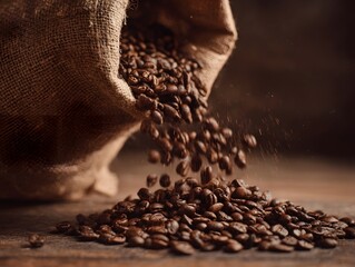 Freshly roasted coffee beans spill from a burlap sack onto a rustic wooden surface
