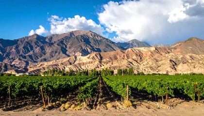 Vineyard rows lead to colorful, layered mountains under blue sky with fluffy clouds on a sunny day