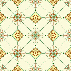 A traditional textile pattern in beige, brown, green, featuring geometric diamond and floral motifs arranged in symmetrical horizontal rows with intricate details. Geometric seamless vector pattern. 