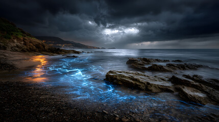 Bioluminescent tide washing over sandy shore under dark clouds 
