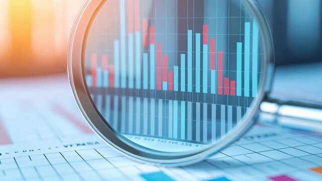 A magnifying glass focusing on colorful bar graphs and data charts.