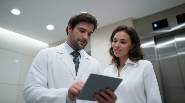 Doctors discussing results in a hospital hallway - Powered by Adobe