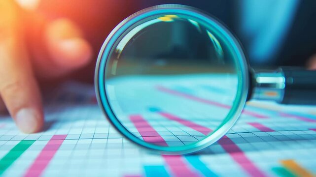 A magnifying glass over colorful data charts and graphs.