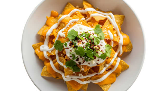Overhead view of fully loaded tortilla chips and melted cheese nachos appetizer isolated PNG with Transparent Background - Powered by Adobe