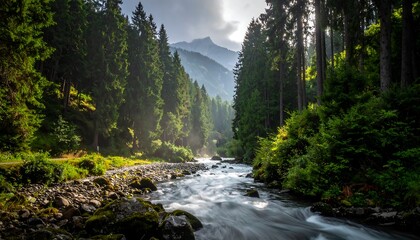 A sunlit river flows through a lush forest. Towering trees line the banks. Mountains appear in the distance. The scene is peaceful and serene