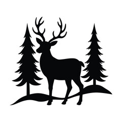 Reindeer standing in snow with pine trees vector silhouette illustration
