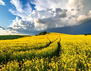 Yellow flower field slopes upwards to a tree-topped hill under a dramatic cloudscape on a sunny day