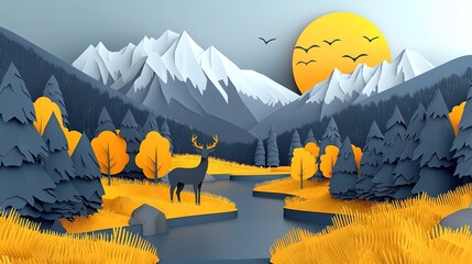 3D Wallpaper of Dark Blue and Gold Forest with Deer, Mountains and River
