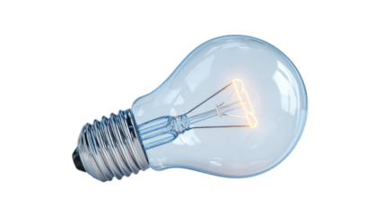 Brightly lit light bulb glowing with warm energy showing illuminated filament and electrical lighting concept isolated on white background