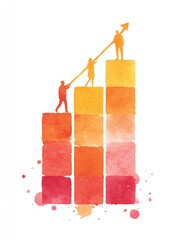Team silhouettes lifting an ascending bar chart and arrow made of watercolor blocks