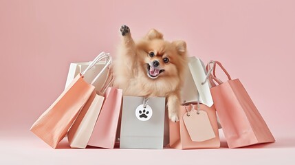 A small fluffy Pomeranian dog with a happy face sits inside pastel shopping bags on a pink background. The adorable pet portrait expresses humor, joy, and the playful side of luxury shopping and brand