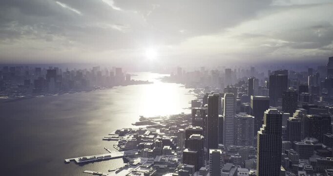 A breathtaking view of a city skyline at dusk, where towering buildings reflect golden sunlight on the river. The horizon melds with soft clouds, creating a serene atmosphere.