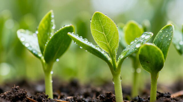 Macro Shot of Fresh Green Seedlings Sprouting with Glistening Dew