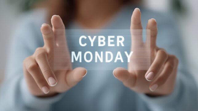 A digital composition showing human hands touching a glowing holographic panel displaying the text “CYBER MONDAY”. The futuristic visual style represents e-commerce, technology, innovation and online
