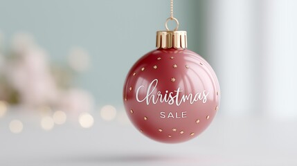 A glossy red Christmas ball ornament decorated with golden stars floats gently against a pastel background, featuring elegant “Christmas Sale” lettering. Discount and sale season, shopoholism