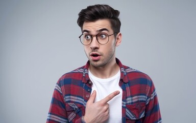 Fototapeta premium Surprised young man points to his left wearing glasses and a colorful flannel shirt