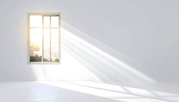 A sunlit room interior with a window allowing natural light and outdoor views, casting strong shadows on the pristine white surfaces